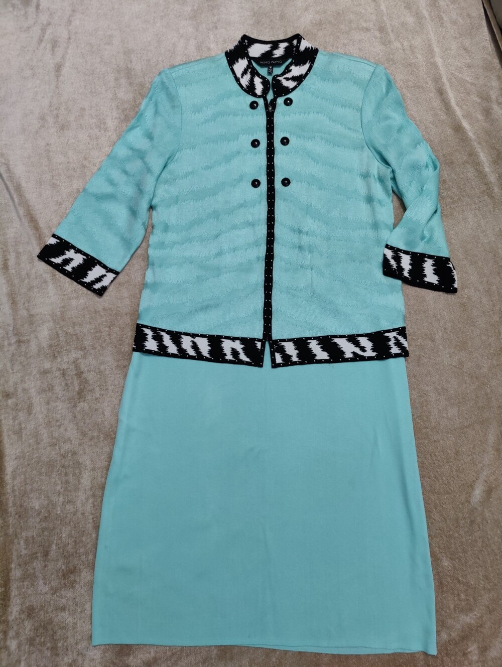 Ming Wang Aqua Knit Long-Sleeve Jacket with Black & White Trim